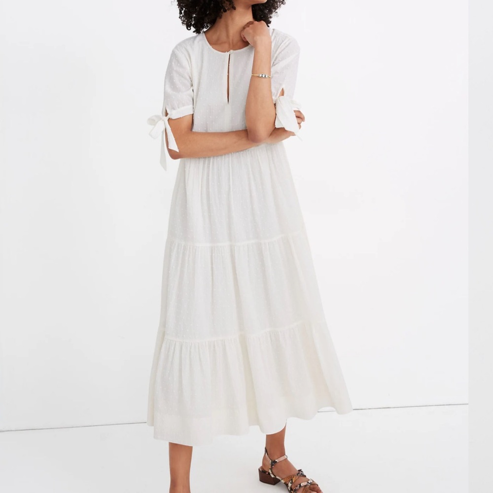 Madewell Swiss Dot Tie-Sleeve Tiered Midi Dress